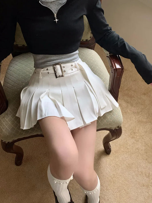 White Cargo Pleated Mini Skirts Retro Low Waist A-Line Skirt