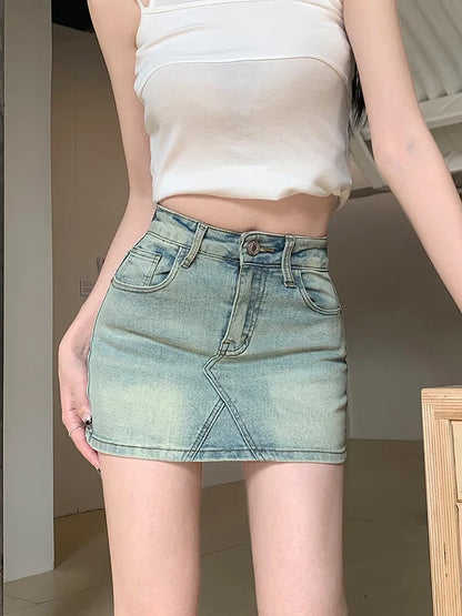 Y2K Vintage Short Denim Fashion A-line Washed Jeans Skirt