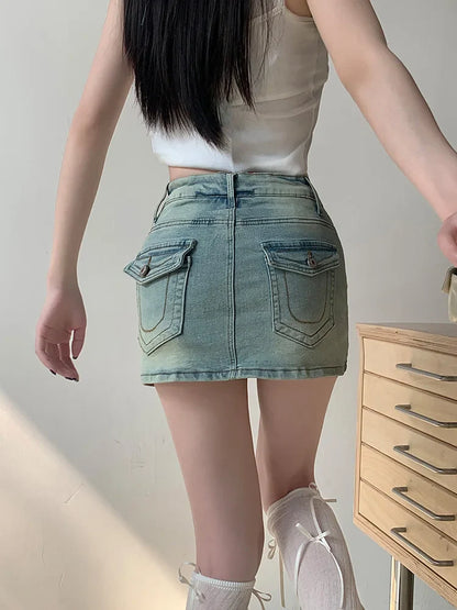 Y2K Vintage Short Denim Fashion A-line Washed Jeans Skirt