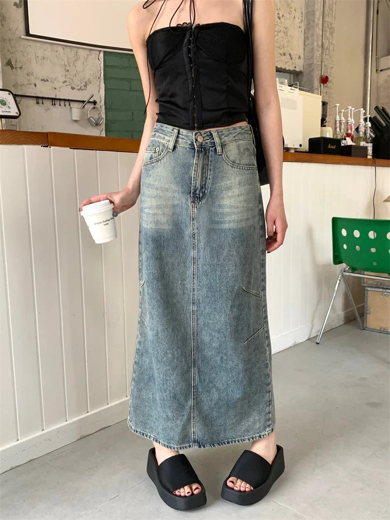 Y2k Street Retro Split Washed High Waist A-line Denim Skirt