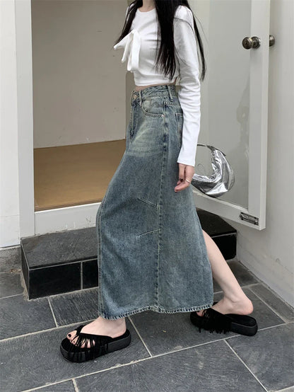 Y2k Street Retro Split Washed High Waist A-line Denim Skirt