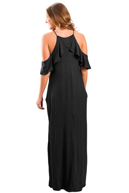 Black Ruffle Sleeve Cold Shoulder Maxi Dress