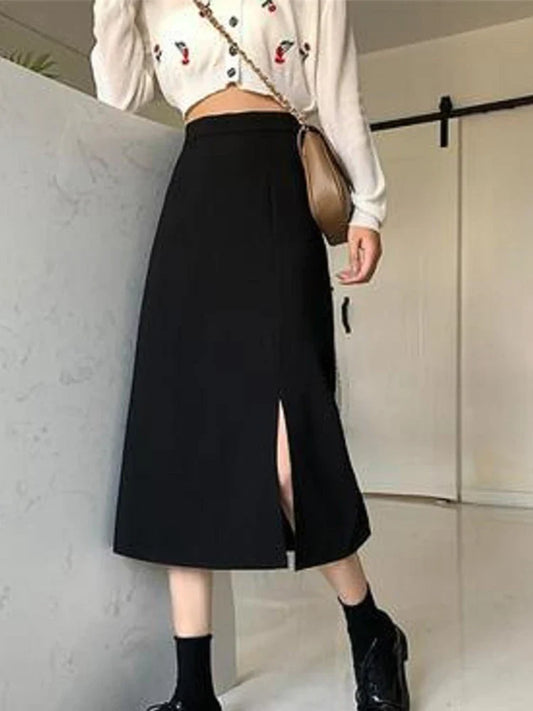Black Mid-calf College A-line High Waist Streetwear Female Skirt