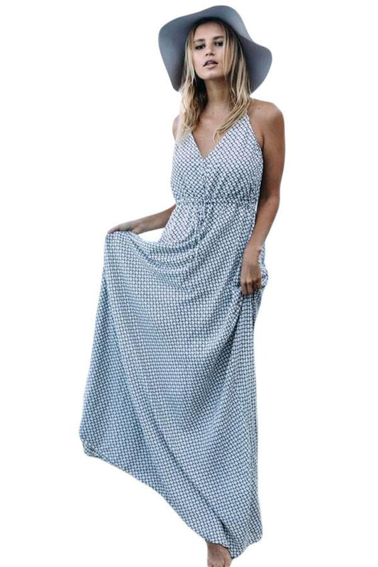Fish Net Allover Printed Plunging Neck Maxi Dress