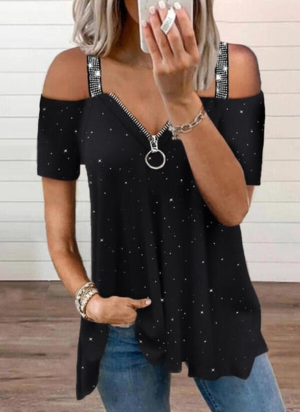Women Summer Strap Elegant Tshirts Fashion Black Zipper V-neck Sexy Off Shoulder Y2k Tops