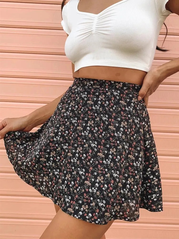 Floral Print Boho Party Skirt New High Waist Pleated Sexy Mini Skirt