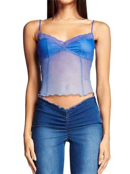 Fairy Sexy Women Sleeveless V-neck See-through Y2K Slim Mini Chic Aesthetics Crosets 2024 Crop Top