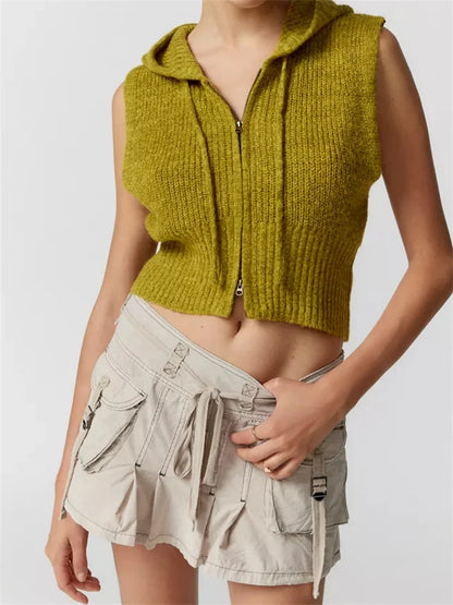 Fashion Knitted Hooded Sweater Vest Solid Color Front Zip Up Drawstring Sleeveless Cropped Streetwear 2024 Crop Top