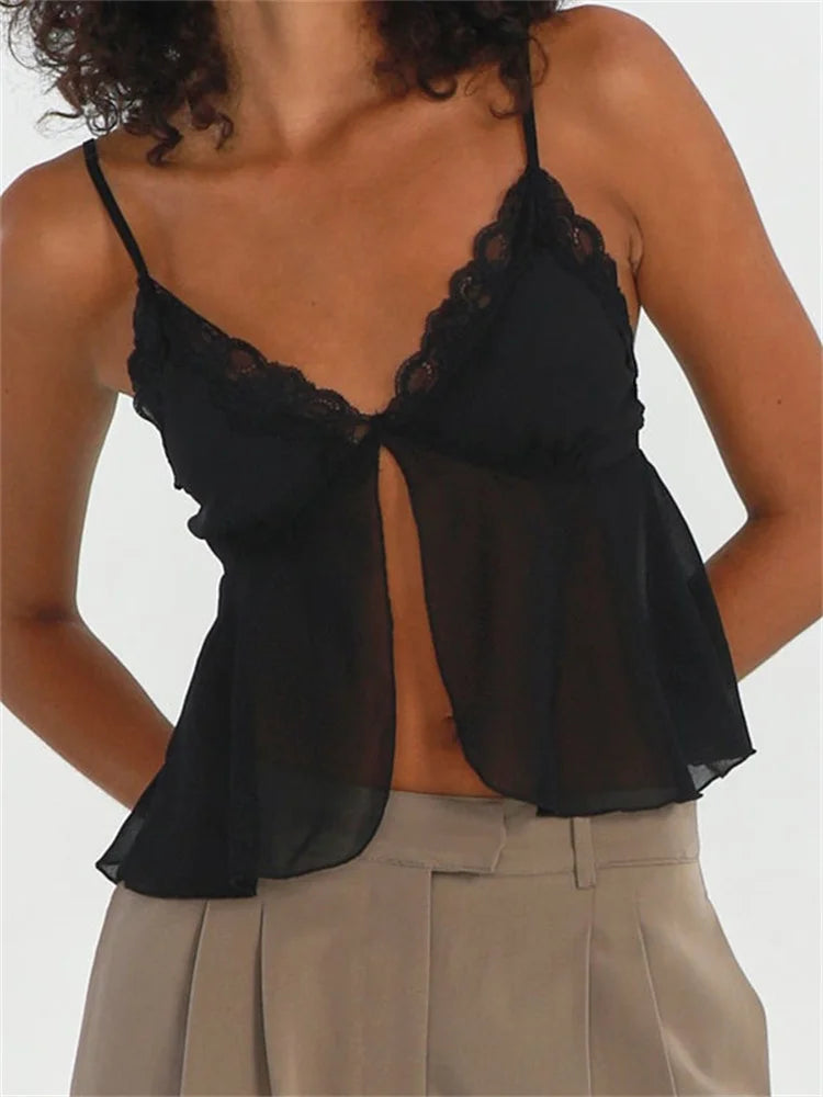 Lace Mesh See Through Patchwork Y2K Retro Women Sleeveless Strap V-neck Floral Print Front Split Vest Crop Top