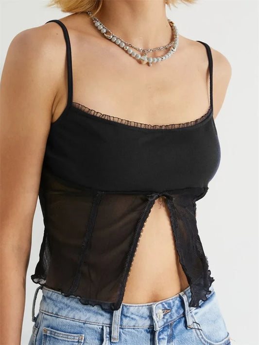Mesh See Through Sleeveless Strap Top Y2K Party Clubwear Retro Square Neck Split Mini Vest 2024 Crop Top