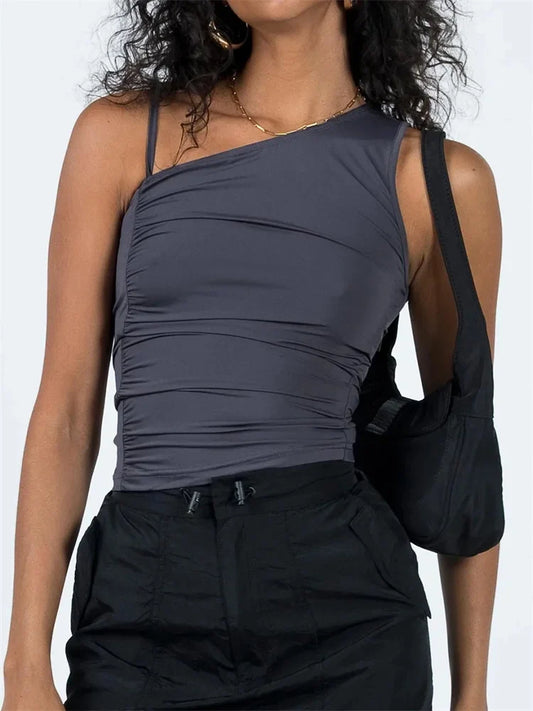 Off Shoulder Strap Ruched 2024 Women Sleeveless Solid Slim Fit Irregular Hem Vest Summer Streetwear Crop Top