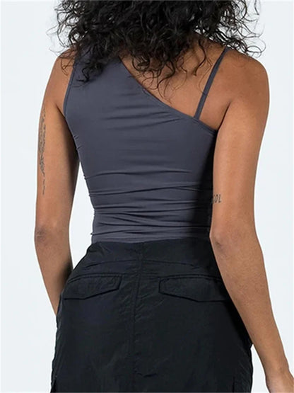 Off Shoulder Strap Ruched 2024 Women Sleeveless Solid Slim Fit Irregular Hem Vest Summer Streetwear Crop Top