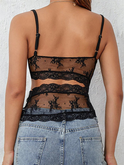 Retro Women Lace Sleeveless Strap V-neck Mesh Hollow Out Backless Summer Slim Fit Vest Clubwear 2024 Crop Top