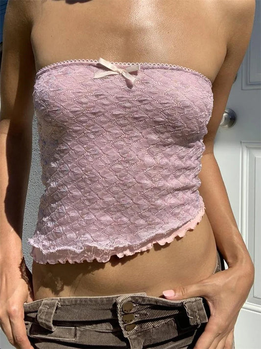 Retro Sexy Lace Patchwork Tube Y2K Strapless Off Shoulder Fairy Irregular Hem 2024 Crop Top