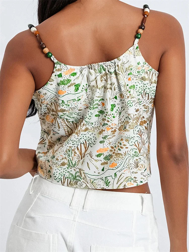 Retro Women Summer Top Floral Print Spaghetti Strap Sleeveless Mini Vest for Streetwear Clubwear 2024 Crop Top