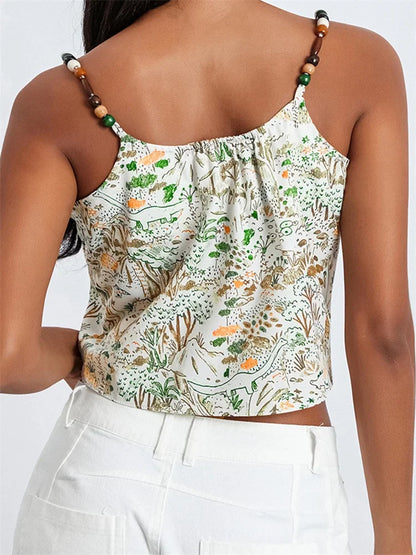 Retro Women Summer Top Floral Print Spaghetti Strap Sleeveless Mini Vest for Streetwear Clubwear 2024 Crop Top