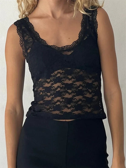 Retro Women Summer Lace Sleeveless Round Neck Mesh Sheer See Through Slim Exposed Navel Mini Vest 2024 Crop Top