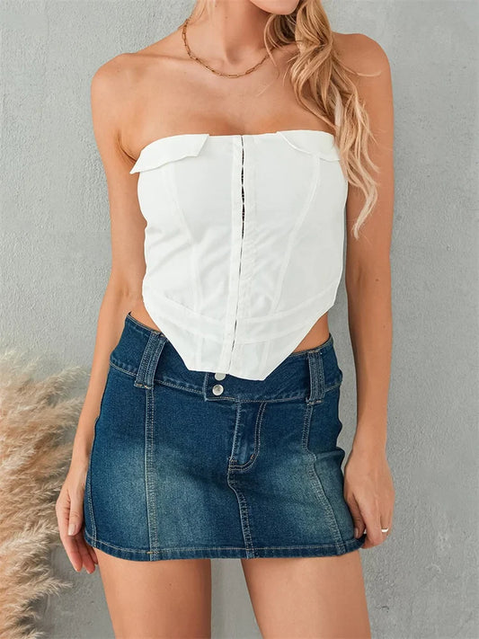 Sexy Women Corsets Solid Back Zip Up Summer Strapless Backless Bustiers Streetwear Aesthetic Exposed Navel Tank Crop Top
