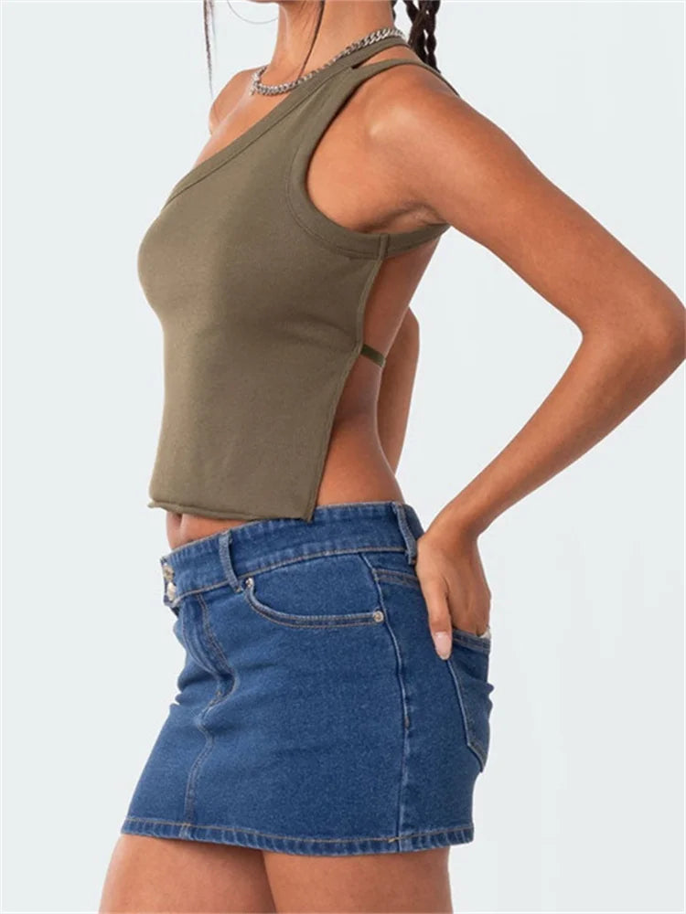Sexy Off Shoulder Single Strap Y2K Sleeveless Slim Fit Sexy Backless Solid Mini Streetwear Crop Top