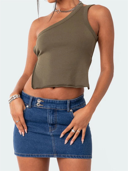 Sexy Off Shoulder Single Strap Y2K Sleeveless Slim Fit Sexy Backless Solid Mini Streetwear Crop Top