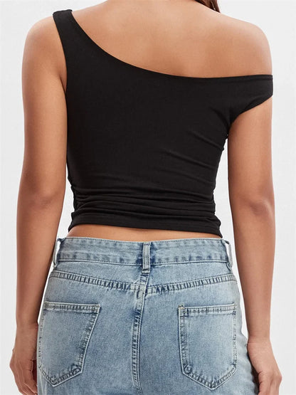 Sexy Women Summer Asymmetrical Hem Solid Color Off Shoulder Ruched Slim Cropped Mini Vest Streetwear 2024 Crop Top