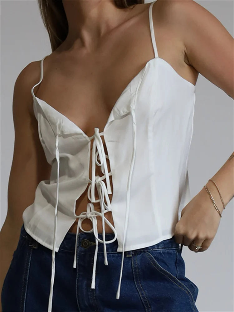 Vintage Women Front Split Tie-up Fashion Sleeveless Strap V Neck Summer Party Low Cut Mini Vest Club Crop Top