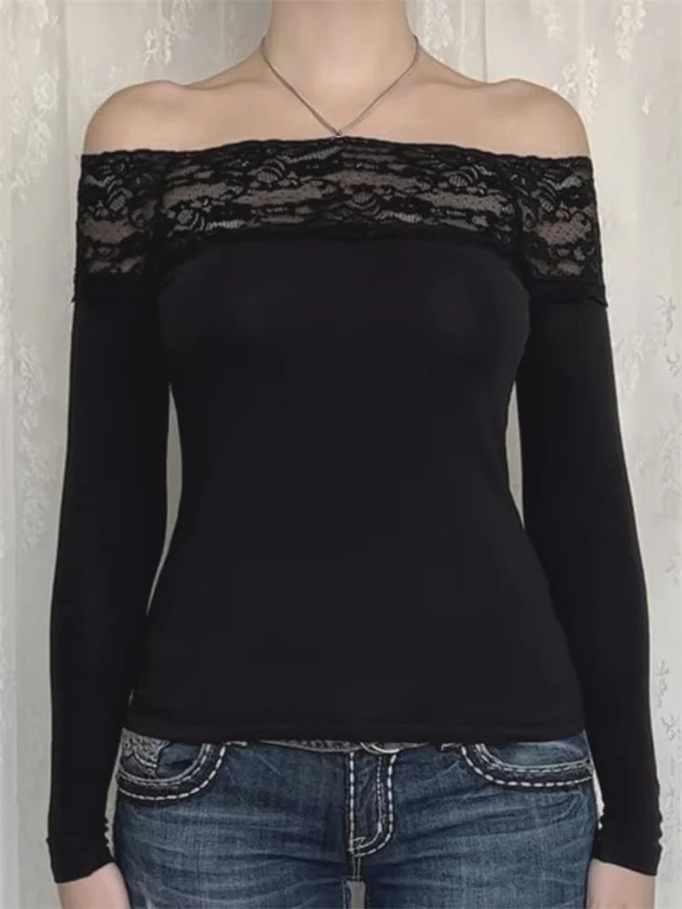 Vintage Lace Patchwork Cropped Off Shoulder Long Sleeve Slim Fit Party T-shirts