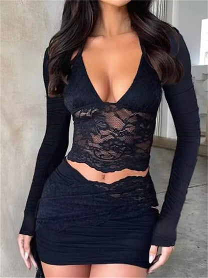 Vintage Women Lace Patchwork Halter Lace-up with Mesh See Through Long Sleeve Shrugs Streetwear 2024 Crop Top