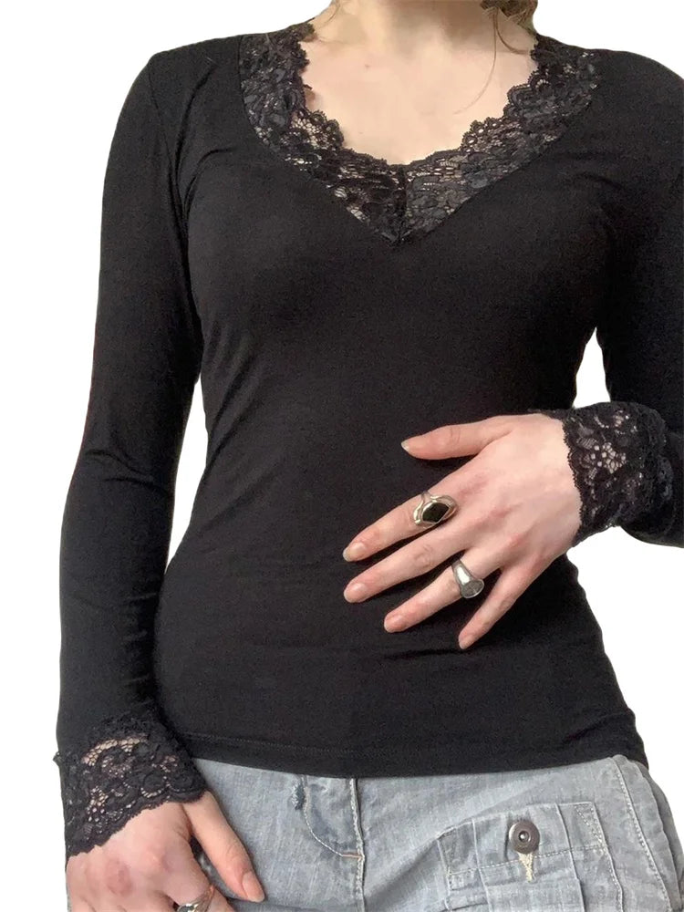 Vintage Lace Patchwork Fairy Grunge V Neck Long Sleeve Slim Fit Black T-shirts