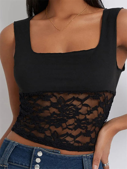 Women Camisole Sleeveless Cropped Square Neck Lace Patchwork Slim Fit Summer Vest for Party Club Streetwear 2024 Crop Top