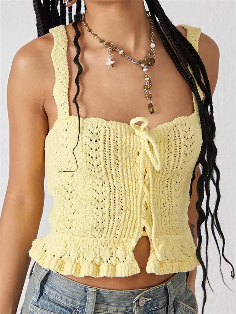 Women Crochet Knitted Mini Vest Summer Clubwear Y2K Square Neck Sleeveless Tie Up Vintage Casual Streetwear Crop Top
