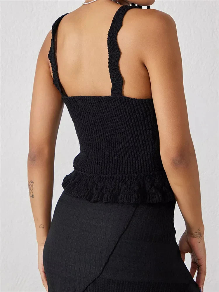 Women Crochet Knitted Mini Vest Summer Clubwear Y2K Square Neck Sleeveless Tie Up Vintage Casual Streetwear Crop Top