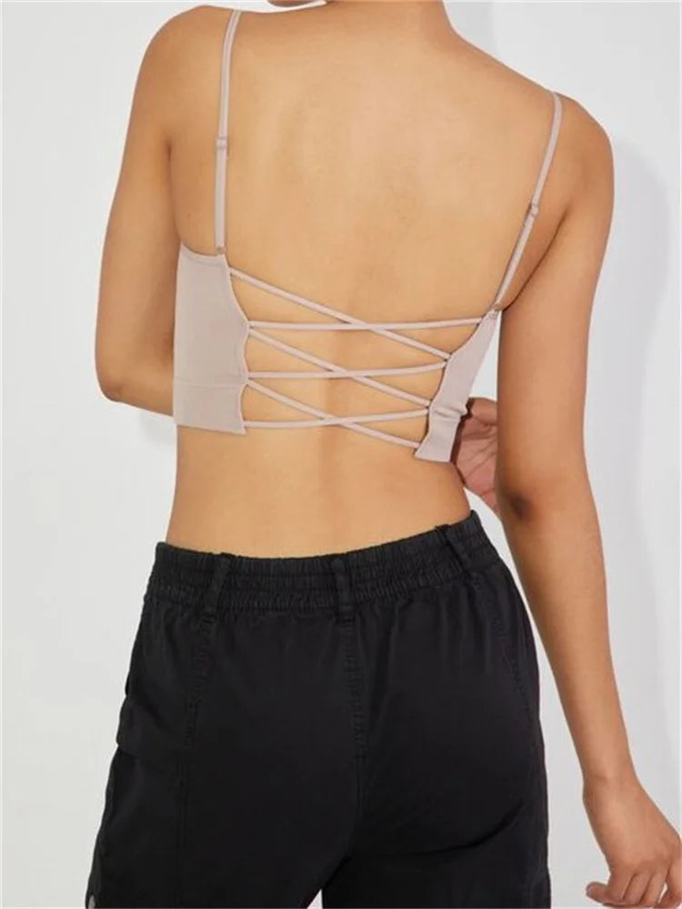 Cropped Solid Color Summer Backless Spaghetti Strap Top Sleeveless Mini Vest for Streetwear Clubwear Crop Top