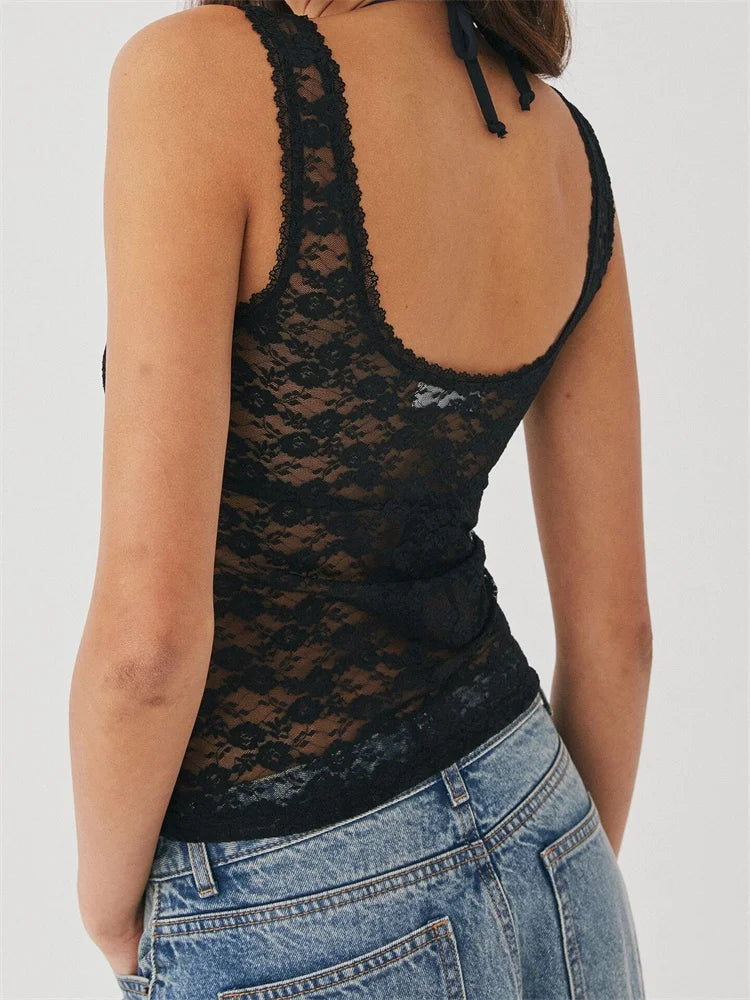 Lace Sleeveless Round Neck Backless Mesh See-through Slim Fit Summer Cropped Mini Vest Clubwear Crop Top