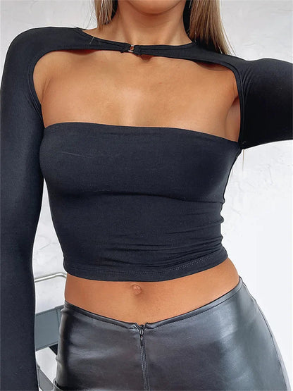 Long Sleeve Cutout Crop Casual Fashion Solid Color Backless Slim Fit T-shirts