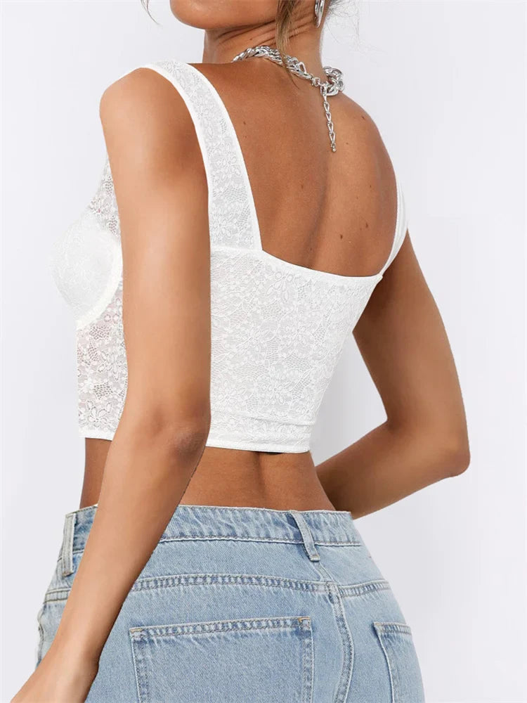 See Through Mesh Sheer Camisoles Sexy Lace Slim Fit Low Cut Square Neck Buttons Vest Streetwear Crop Top