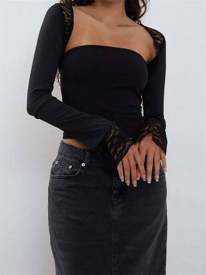 Women Strapless Off Shoulder Black Tube Cropped Summer Party Clubwear with Long Sleeve Lace See Through T-shirts Crop Top