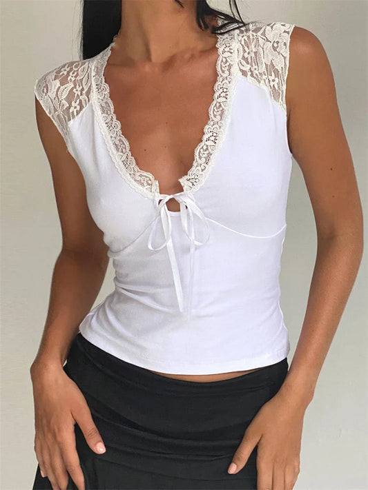 White Slim Fit Deep V Neck Sleeveless Lace Patchwork Front Tie Up Short Summer Mini Vests Crop Top