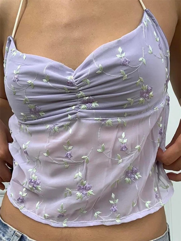 Backless Floral Vintage Sexy Halter Tie Up Off Shoulder Camisole Cute Mini Streetwear Crop Top
