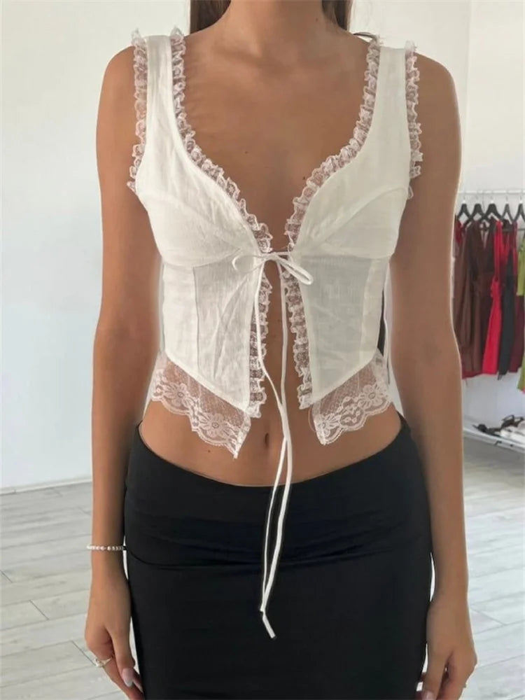 Women Y2K Sleeveless Spaghetti Strap Top Sexy Lace Patchwork Front Tie-up Summer Mini Vest Streetwear 2024 Crop Top