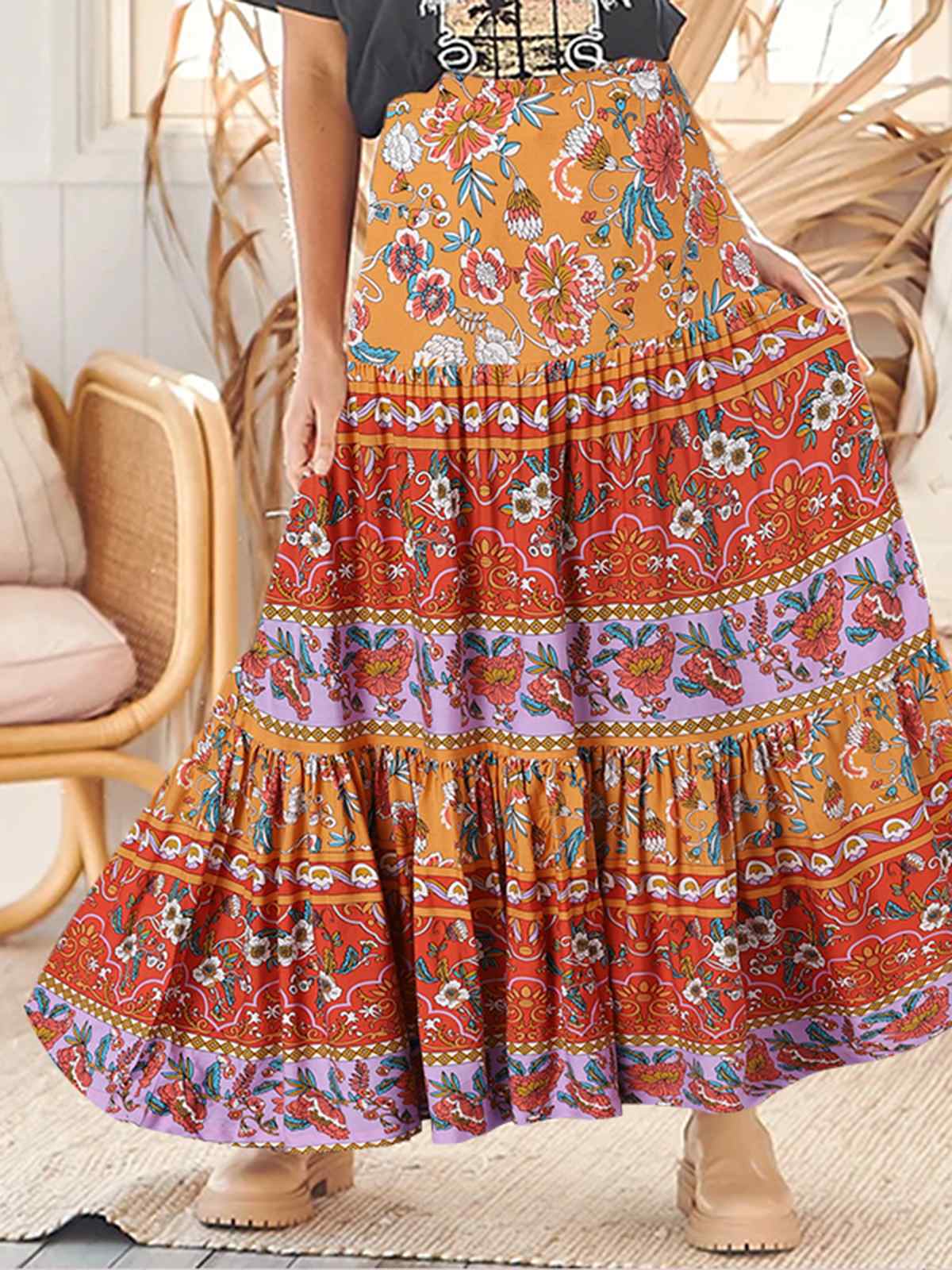 Women Stithing Pleats Long Skirt Bohemian Maxi Skirts