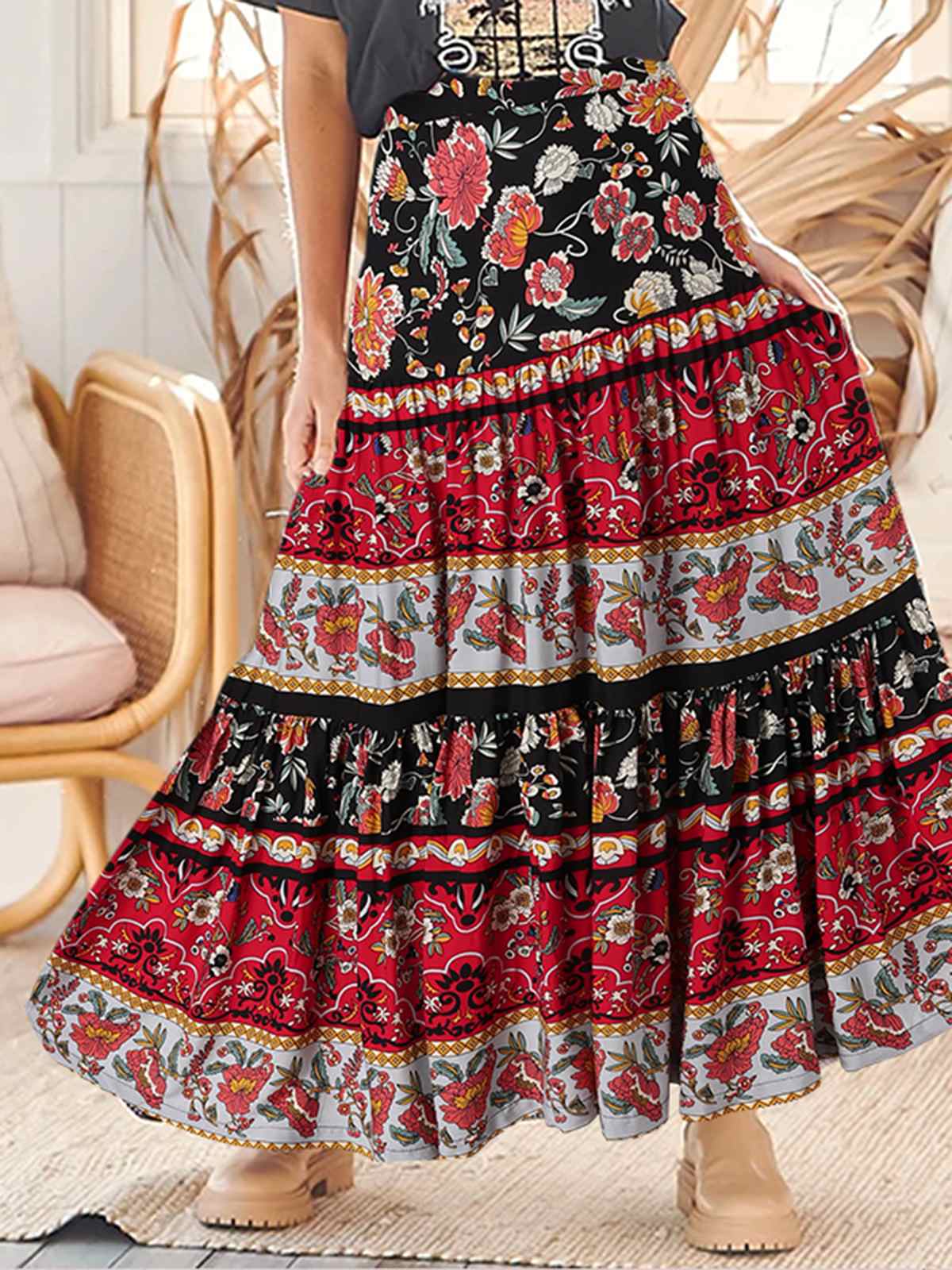 Women Stithing Pleats Long Skirt Bohemian Maxi Skirts