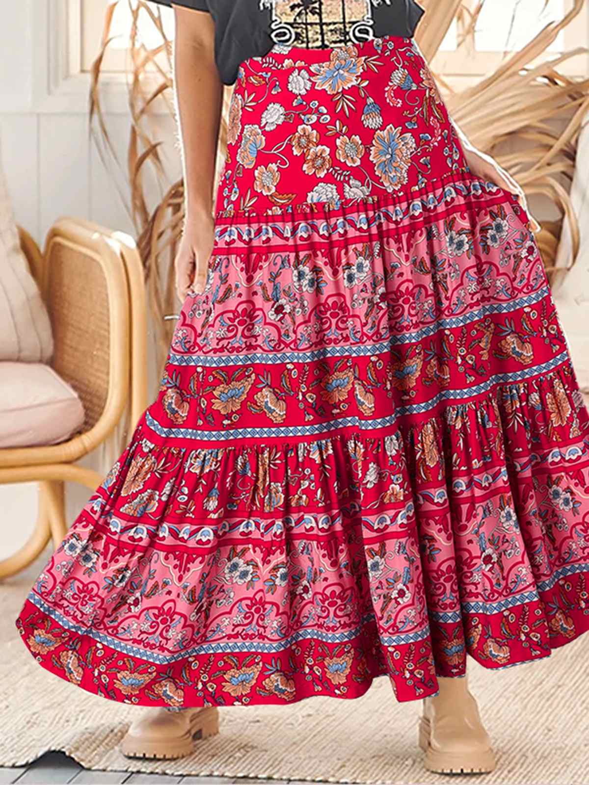 Women Stithing Pleats Long Skirt Bohemian Maxi Skirts