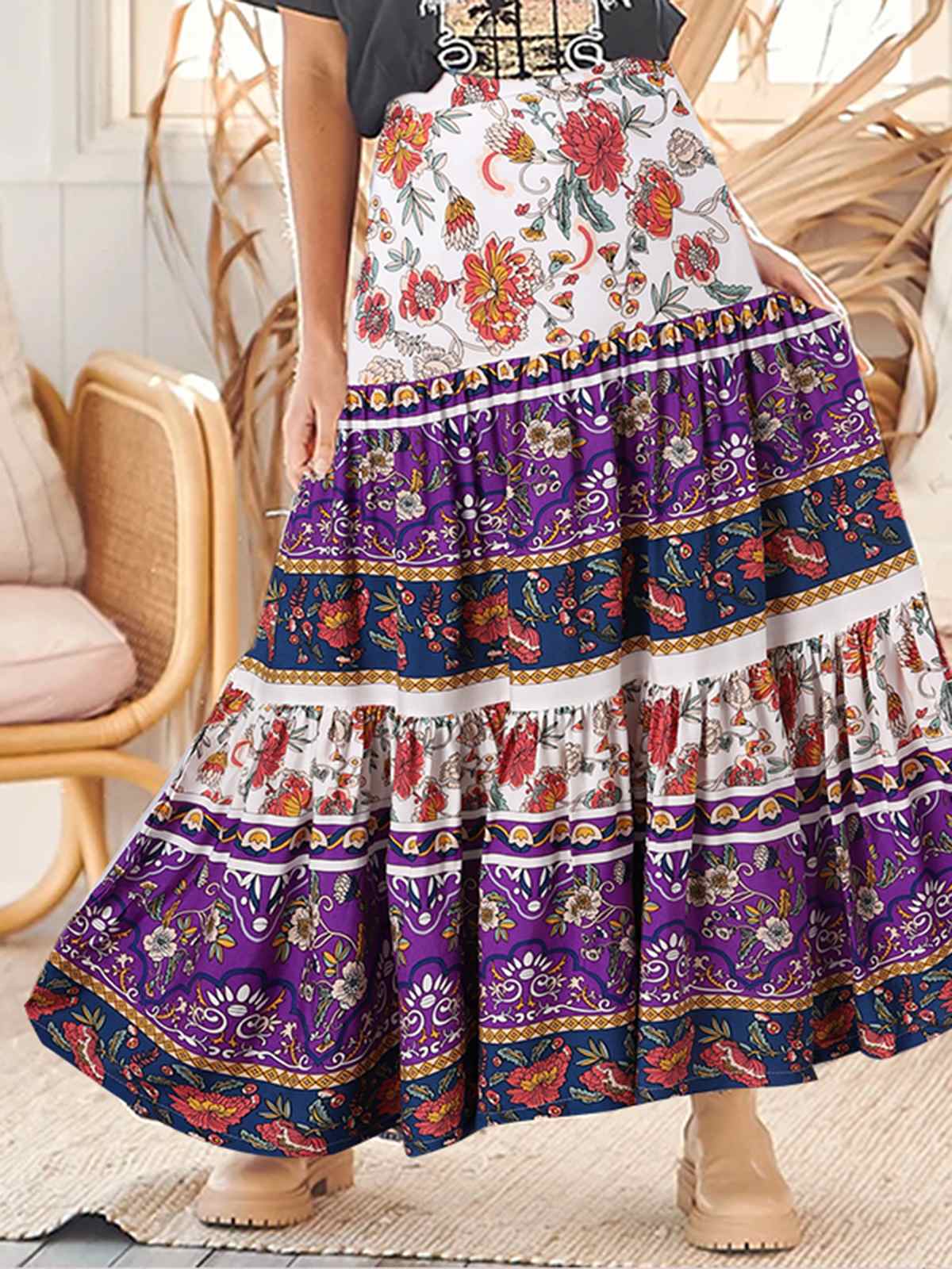 Women Stithing Pleats Long Skirt Bohemian Maxi Skirts