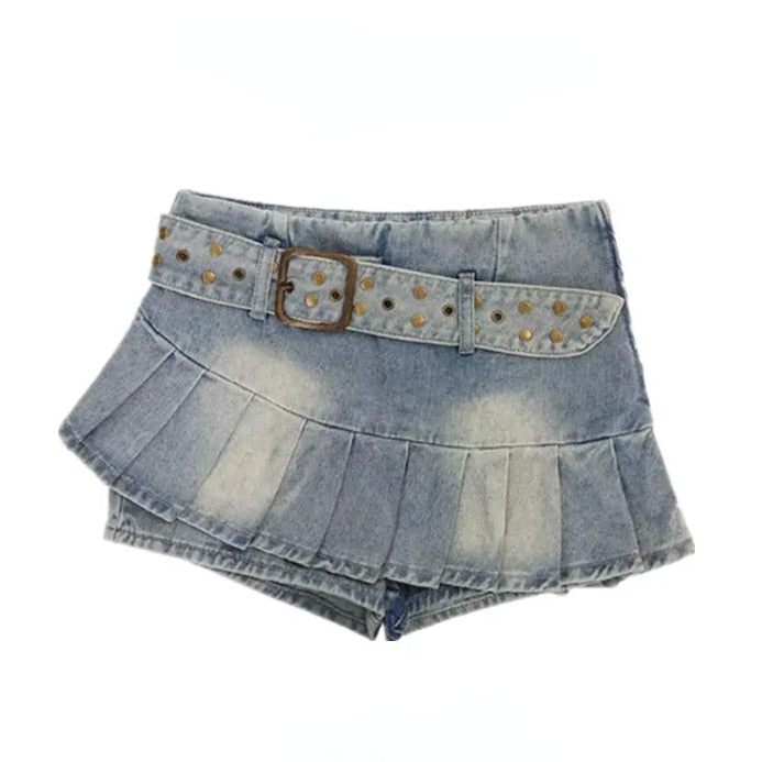 Sexy Distressed Belted Mini Jean Skirt