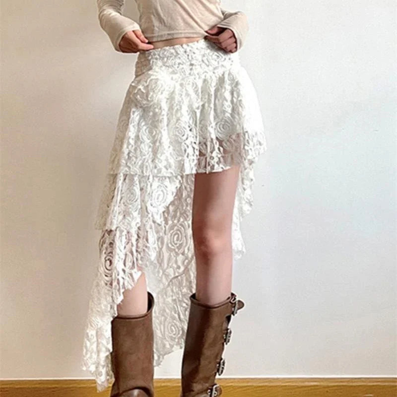 Boho Elegant Lace Irregular Layered Vintage Street Summer Mid Skirts