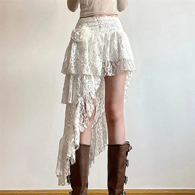 Boho Elegant Lace Irregular Layered Vintage Street Summer Mid Skirts