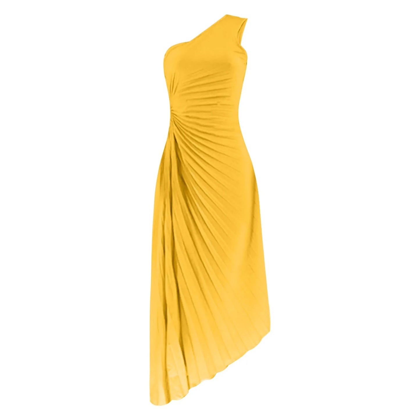 Elegant One Shoulder Pleated Simple Sleeveless High Waist Long Formal Party Summer Casual Dress