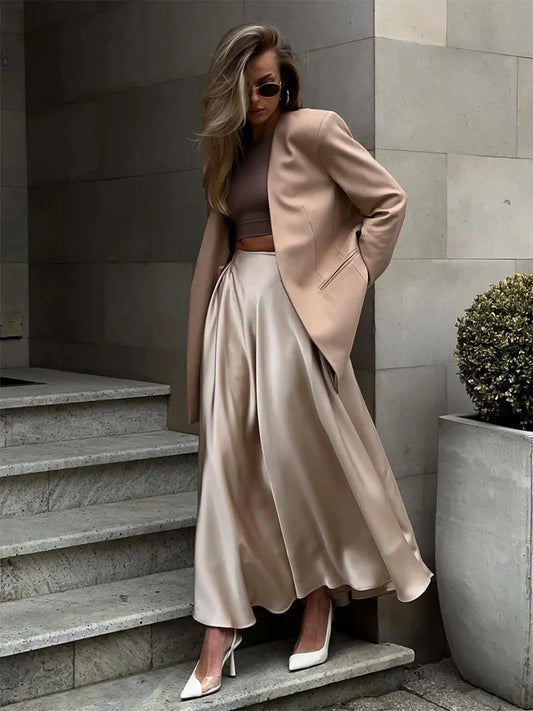Elegant Satin Loose High Waist Maxi Streetwear Fashion Black Skirt