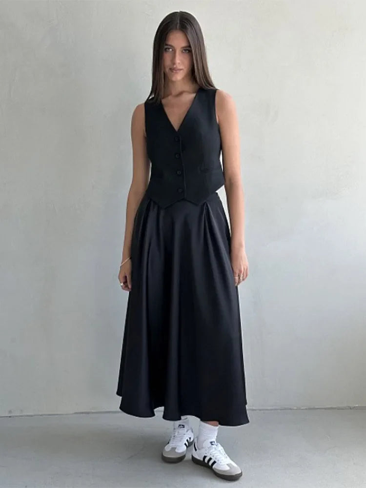 Elegant Satin Loose High Waist Maxi Streetwear Fashion Black Skirt